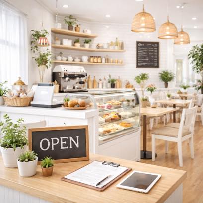 カフェ開業準備中に店舗の寸法を測る30代女性のイメージイラスト