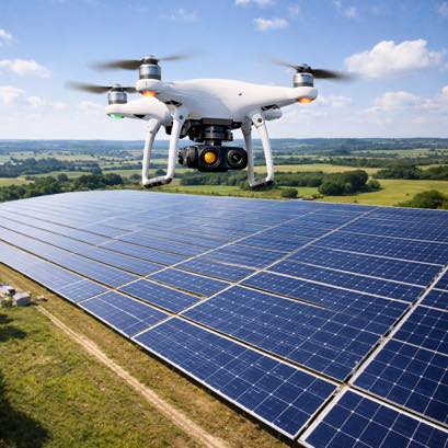 ドローンで太陽光パネルを点検しているイメージイラスト